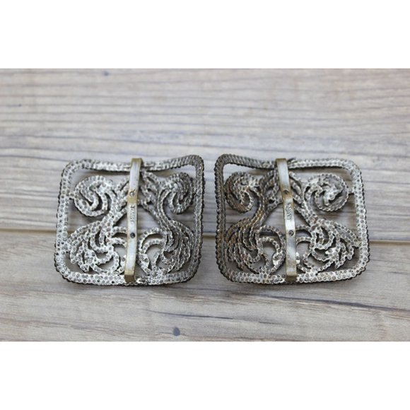 Antique swirl pattern steel cut bead‎ French shoe buckles pair - Picture 12 of 14